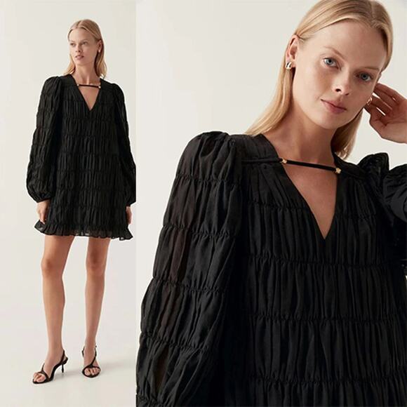 NWT Aje Evelina Ruched Blouson Sleeve V-Neckline Cotton Mini Dress Black Size: 4 - Picture 1 of 8